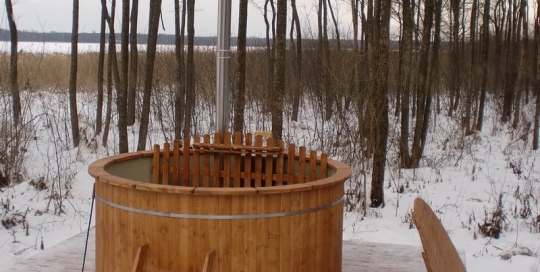 wooden hot tub snow